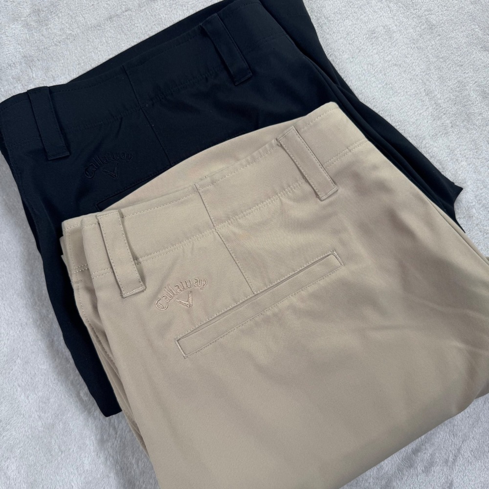 Lot of 2 Callaway Golf Shorts 38 Black/Tan Performance Stretch Flat Front Logo